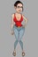 Cartoon sexy woman in jeans and a tank top with a deep neckline