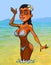 Cartoon sexy woman in swimsuit enjoying standing in the sea