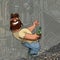 Cartoon shaggy bearded man with bottle in hand having fun in ruins