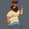 Cartoon shaggy bearded man points his index finger up