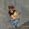 Cartoon shaggy bearded man with a shovel in his hand sneaking into the ruins