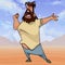 Cartoon shaggy bearded man singing expressively in the desert