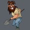 Cartoon shaggy bearded man slyly looks with a shovel in hand