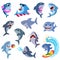 Cartoon shark. Funny sharks, sea predators. Ocean wildlife characters. Pink and blue fish with baby, smile water animals