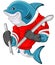 Cartoon shark mascot wearing a hockey jersey while holding a stick which was cut