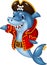 Cartoon shark pirate presenting on white background