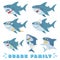 Cartoon sharks family. Newborn baby shark, comic marine father and cheerful mother sharks characters vector illustration