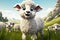 Cartoon sheep grinning, nestled within the lush, green grassy field