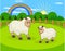 Cartoon sheep and rural meadow with green grass on the mountain background