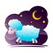 Cartoon sheep sleeping, night, moon and star.