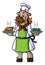 a cartoon sheep working as a chef, carrying two plates of food