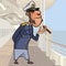 Cartoon ship captain stands with cigar on deck of ship