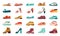 Cartoon shoes. Flat autumn footwear, running shoes and summer sandals, male and female sneakers and boots. Vector