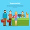 Cartoon Shopping in Supermarket People Card Poster. Vector