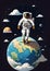 A cartoon showing a spaceman, standing on top of our Earth, generated by AI.