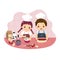 Cartoon of siblings baking together at kitchen counter. Kids doing housework chores at home concept