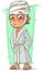 Cartoon sick man with bandage in bathrobe