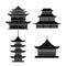 Cartoon Silhouette Black Traditional Asian House Objects Set. Vector
