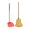 Cartoon simple gradient cleaning set objects. Natural broom and plastic dustpan with big handle. Cleaning service vector