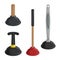 Cartoon simple gradient rubber plungers set. Long and short, plastic and wooden handles.