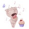 A cartoon singing cute piglet with a bow and a capcake.