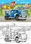 Cartoon sketch funny looking policeman truck driving through the city