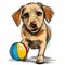 Cartoon sketch of a playful labrador with multicolored toy ball icon on white background