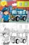 Cartoon sketch scene with policeman and police truck in the city