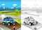 Cartoon sketch stage with police vehicle smiling truck colorful and che