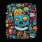 Cartoon skull with colorful items in the style of dark sky-blue and black techno-organic fusion bold colorful