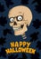 Cartoon skull on dark background. Happy Halloween banner.