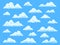 Cartoon sky clouds. Cloudscape in blue sky panorama, different shapes of white clouds, isolated vector set for cute baby