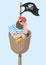 Cartoon Sleeping Hipster Pirate Sitting in Wooden Crows Nest