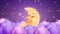 Cartoon sleeping moon, stars and hanging clouds paper crafts against the violet curtain. Good night and sleep tight lullaby theme