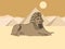 Cartoon sleeping sphinx covered with sand on pyramid background
