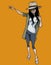 Cartoon slender beautiful woman in hat and sunglasses stands raising her hand