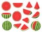 Cartoon slice watermelon. Green striped berry with red pulp and brown bones, cut and chopped fruit, half and sliced on