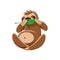 Cartoon sloth character munching on a green leaf