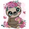 Cartoon Sloth with flowers on a white background