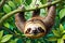 Cartoon Sloth Hanging Lazily from a Lush Green Tree Branch - Vibrant Jungle Foliage Background, Wide-Eyed Tranquility