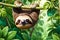Cartoon Sloth Hanging Lazily from a Lush Green Tree Branch - Vibrant Jungle Foliage Background, Wide-Eyed Tranquility