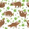 Cartoon sloth seamless pattern. Cute sloths on tropical lianas branches. Lazy jungle animal at rainforest trees vector