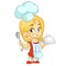 Cartoon small girl holding a tray with a dish and louche. Vector illustration