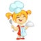 Cartoon small girl holding a tray with a dish and louche. Vector illustration of teenager girl preparing turkey and wearing apron