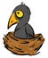 Cartoon of a small grey crow in a brown nest
