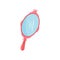 Cartoon small handle mirror in pink oval frame. Accessory of little princess. Looking-glass with blue surface. Flat