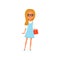 Cartoon smart girl in glasses with book in hand. Teen with blond hair wearing white blouse and blue dress. Child with