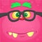 Cartoon smart monster face wearing glasses. Halloween vector illustration of furry pink monster.