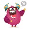 Cartoon smart monster nerd wearing glasses. Vector illustration of excited monster character waving isolated.