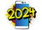 Cartoon Smartphone, comic book Telephone with the number 2024. Vintage vector comics pop art design